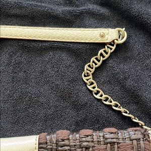 Kate Spade Rattan Brown and Cream Leather Clutch with Gold Chain